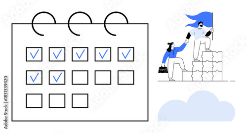Calendar with marked tasks alongside a person helping another climb blocks toward a flag. Ideal for teamwork, planning, goals, productivity, collaboration, progress, leadership. Simple flat metaphor
