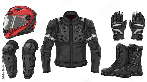 Comprehensive collection of essential motorcycle riding gear for safety and protection, featuring helmet, jacket, gloves, boots, and knee pads for riders