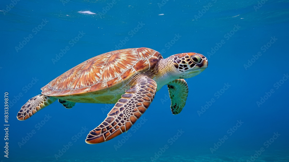 Fototapeta premium Sea turtle swimming in blue ocean underwater