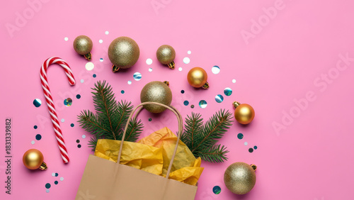 Christmas shopping bag with festive golden ornaments and candy cane on pink b...