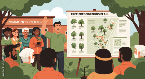 Community engagement in tree preservation planning at local center with presentation