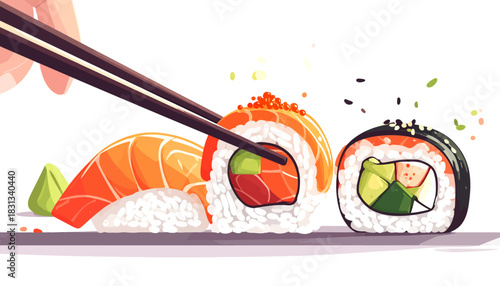 Illustrative depiction of someone skillfully picking up a fresh sushi roll with chopsticks, alongside vibrant nigiri and maki, celebrating the art of Japanese culinary delight and healthy dining