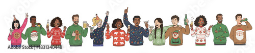 Diverse group of happy people wearing ugly christmas sweaters celebrating a festive holiday party