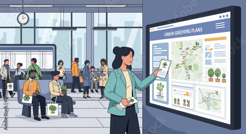 Presenting urban greening initiative at the train station, promoting eco-friendly living