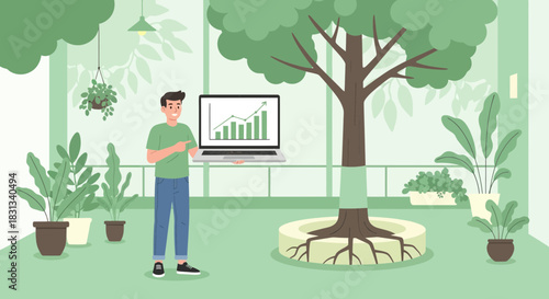 Man presenting growing business data with a tree as growth metaphor in indoor garden