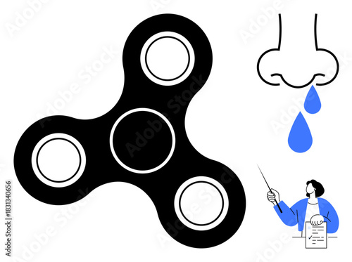 Black fidget spinner, nose with dripping drops, and person presenting document with pointing gesture. Ideal for stress relief, allergies, presentations, education, health, multitasking simple flat