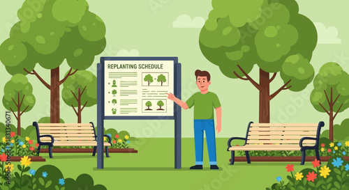 Informative illustration of a replanting schedule in a peaceful park environment