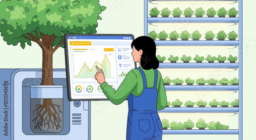 Modern Agritech Solutions: Woman Analyzing Data for Hydroponic Farm Management