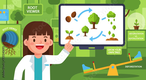 Scientist educating about deforestation, reforestation with a fun visual aid