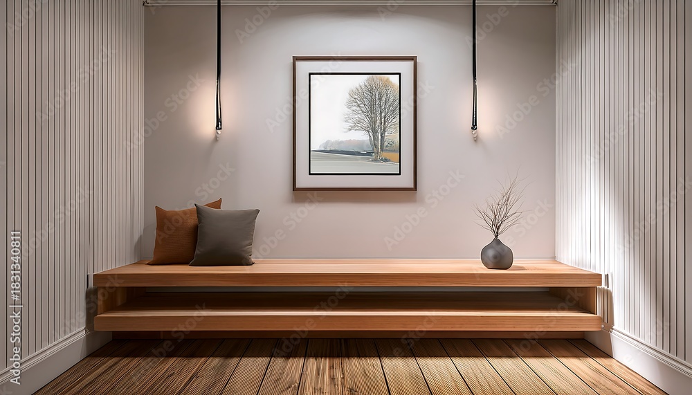 Fototapeta premium Interior design photo of minimalist home gym with wooden floor and bench