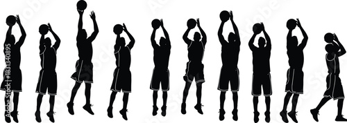 Basketball, silhouette, jump shot, player, motion, action, sport, athlete, shooting, form, technique, vector, black, isolated, pose, dynamic, sequence, ball, elevation, illustration