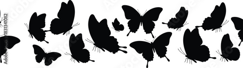 Beautiful collection of flying butterfly silhouettes in various shapes and sizes, perfect for nature design, decorative artwork, vector illustration projects
