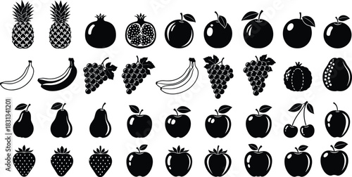 Black fruit silhouette collection with bananas, apples, pears, grapes, strawberries, pineapples, cherries, pomegranate, perfect for icons, labels, packaging, illustrations
