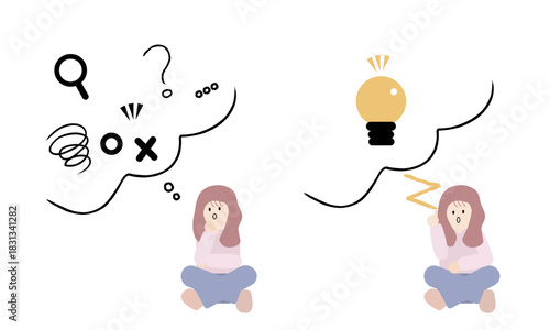 考えすぎる女性と直感に従う女性の対比イラスト