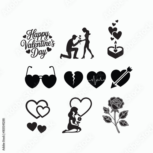 Valentine’s Day romantic silhouette icon set with hearts and couples