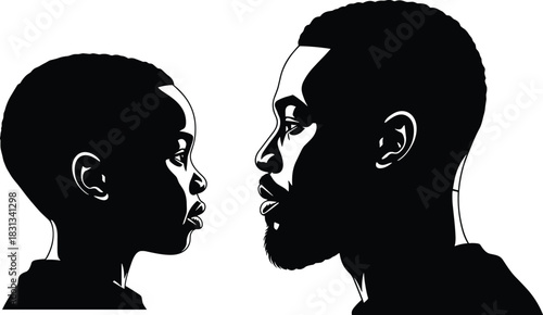 Boy and man profile silhouette vector, generational contrast, black illustration, family connection, growth concept, mentorship, minimal design artwork