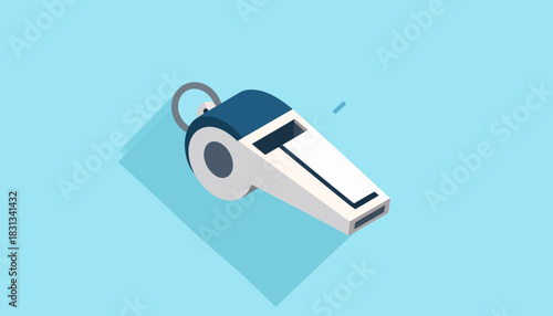 Illustration of a sports whistle in a flat design style with a long shadow against a light blue background, symbolizing sports, coaching, and fair play