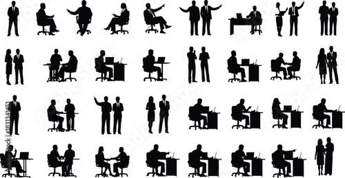 Professional business people silhouettes collection, diverse office team working, meeting, collaborating, and communicating, corporate executives sitting and standing, vector illustrations for project