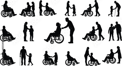 Caregiver silhouette, disability support scene, wheelchair assistance, walking aid help, family care, black vector illustration, healthcare compassion, inclusive design