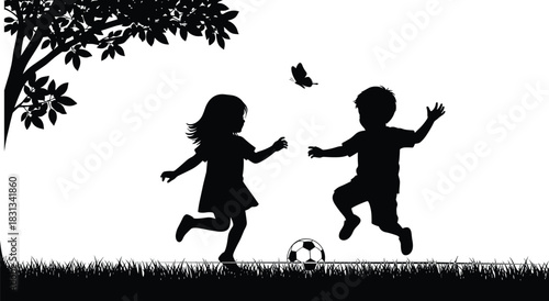Children silhouette playing soccer outdoors on grassy field under tree with joyful movement, nature background, playful childhood moment and active lifestyle scene