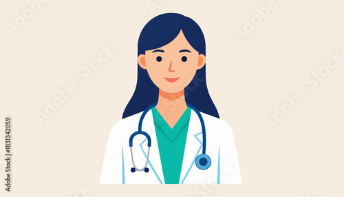 Female physician smiling with stethoscope in a hospital clinic setting