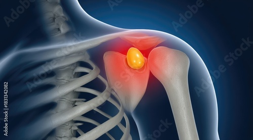 3D rendering of calcific tendonitis in the human shoulder joint.