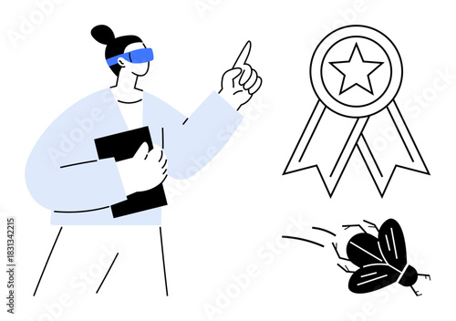 Person holding a book, pointing upwards toward a star badge suggesting achievement, and a flying bug symbolizing ideas or creativity. Ideal for innovation, learning, success, motivation, goals