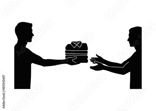 Vector silhouette icon depicting one person offering a neat stack of folded clothes to another, symbolizing charitable giving, sustainable clothing exchange, or donation services for apparel