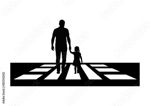 A striking silhouette shows a father and child holding hands, walking on a pedestrian crossing, symbolizing safety, paternal guidance, and the strong, protective family bond