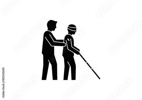 A black and white icon showing a person helping a blind individual with a white cane, symbolizing support, care, and accessibility