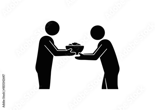 A minimalist icon of one person giving a bowl of food to another, symbolizing charity, kindness, and helping the poor and hungry
