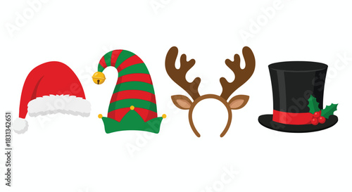 Christmas Headwear Vector Set. Santa Hat, Elf Cap, Reindeer Antlers, and Top Hat Isolated on White Background