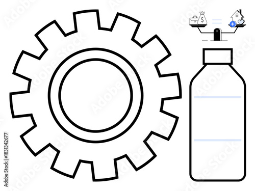 Sustainability concept. Sustainability ed through gear symbol, plastic bottle, and scale balancing nature and economy. Sustainability for industry, recycling, eco-production, renewable energy