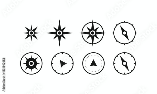 Compass rose icon set, navigation, travel, direction, and orientation vector symbols. Perfect for maps and adventure designs