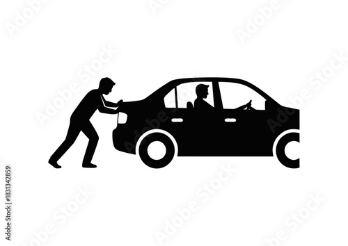 A person provides help by pushing a stalled sedan while the driver steers, illustrating a concept of roadside assistance and car breakdown problems