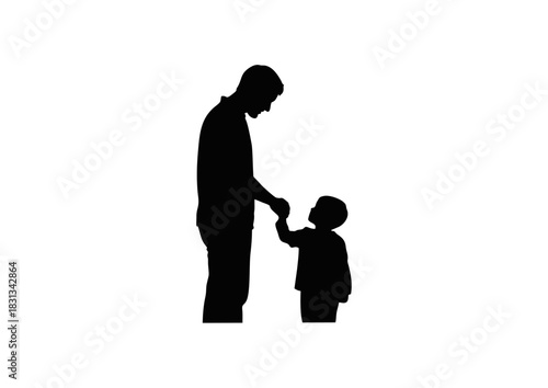 Heartwarming black silhouette of a father and young child holding hands, symbolizing love, care, guidance, and the strong, protective bond within a family unit