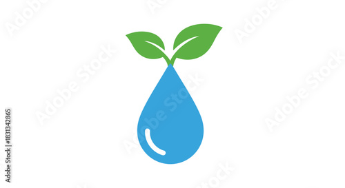 A simple graphic of a blue water droplet with two green leaves sprouting, symbolizing growth and environmental conservation.