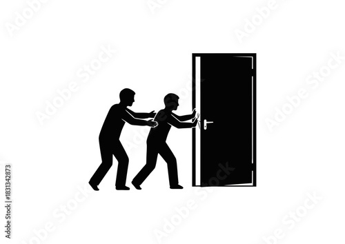 Silhouettes of two men pushing against a closed door, symbolizing collective effort, struggle, and determination to overcome obstacles and achieve breakthrough