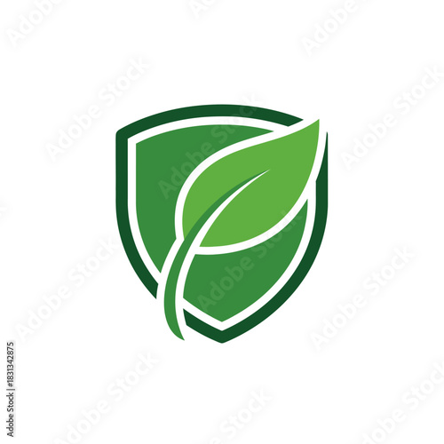 A green shield with a leaf symbolizing environmental protection and sustainability.