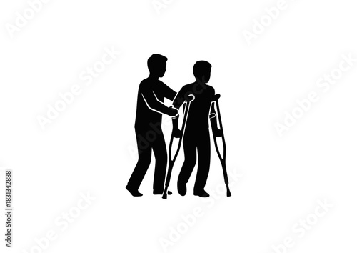 A caregiver provides support and assistance to a disabled individual on crutches, illustrating compassion and physical therapy