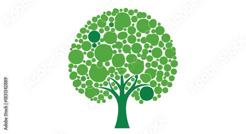 A stylized tree with a canopy formed by numerous green circles of various sizes, set against a white background, representing nature and growth.