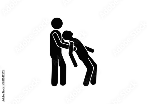 Symbolic depiction of two figures, one assisting the other in a distressed or unconscious state, representing support and care