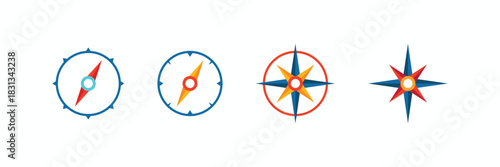 Vibrant collection of 8 flat style compass icons. Essential vector graphics for location apps, guidance, discovery, and adventure themes