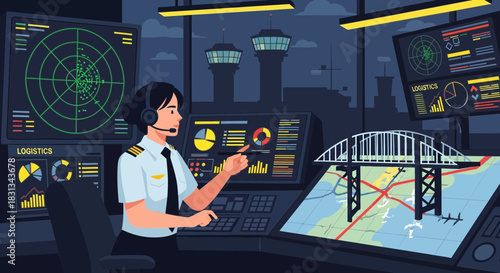 Illustrative visualization of a traffic management center with air traffic controller