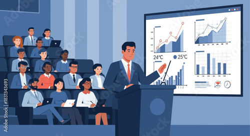 Illustrative business presentation by executive to engaged audience with data