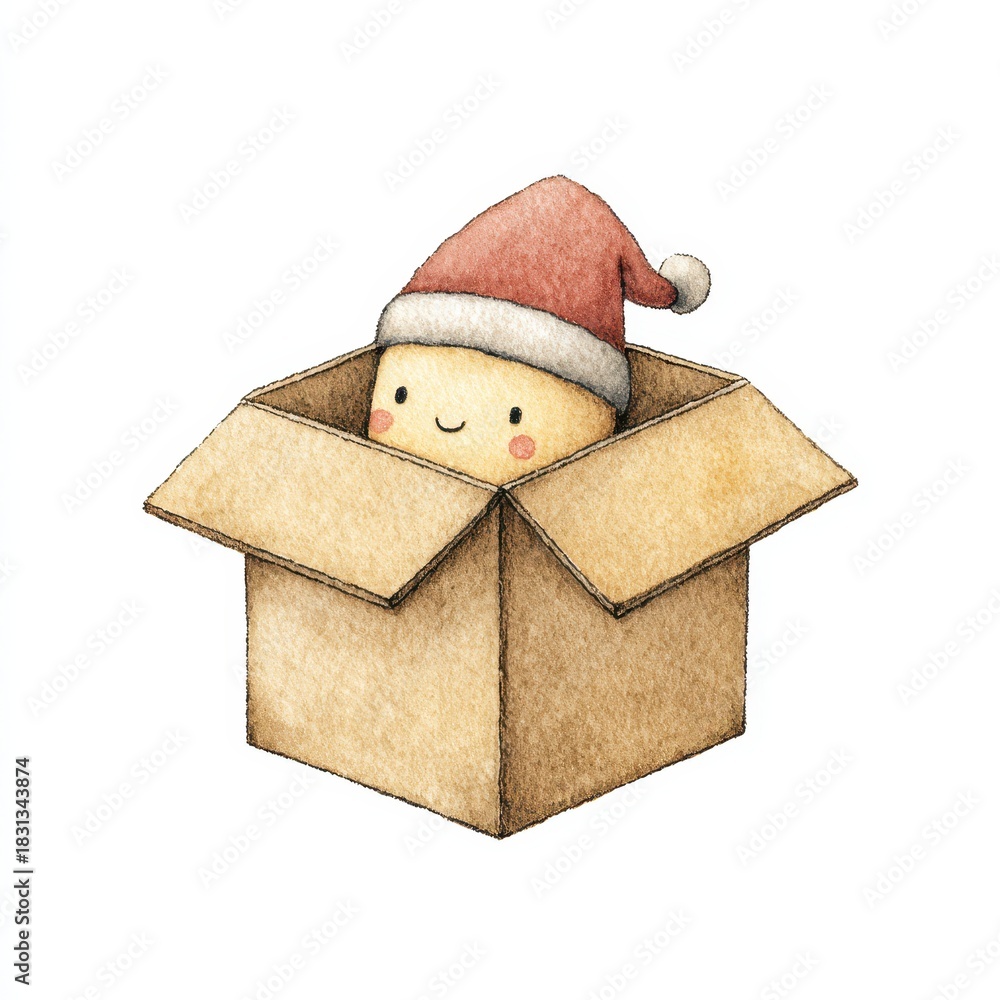 Fototapeta premium Adorable Christmas Character in a Box with Santa Hat