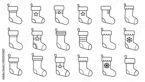 Set of eighteen different outline icons representing christmas stocking designs, perfect for holiday decorations and festive seasonal projects