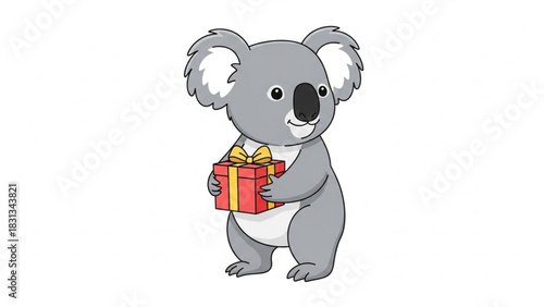 Cute cartoon koala bear standing and holding a red gift box with a yellow ribbon
