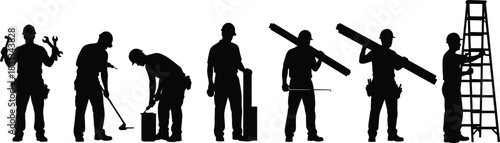 Collection of professional construction and home improvement worker silhouettes, performing various manual labor, building, and repair tasks against a white background.