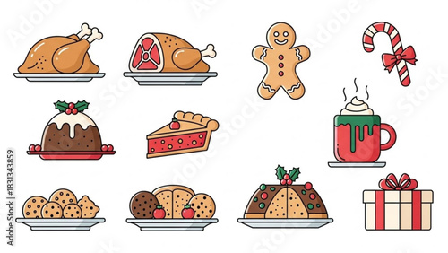 Collection of cute cartoon christmas food and drink icons including roasted turkey, gingerbread man, pudding, pie slice, cookie, and hot chocolate